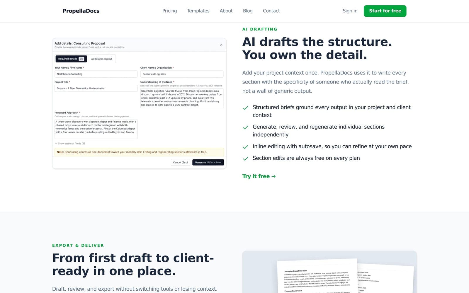 PropellaDocs brief form collecting client, project and approach details before generating a proposal